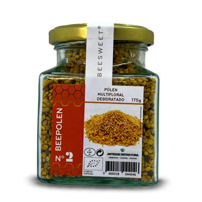 Frasco de vidro com pólen multifloral desidratado e rótulo branco e laranja