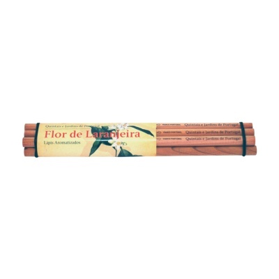 Conjunto de lápis aromatizados Flor de Laranjeira com embalagem amarela e lápis de madeira