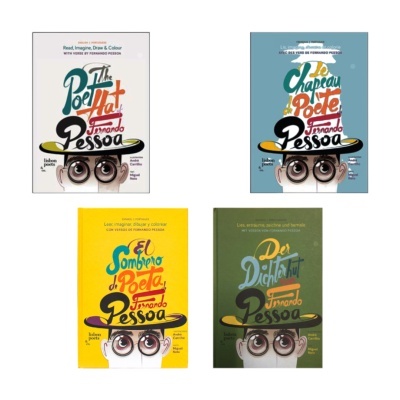 Quatro capas de livros coloridas com ilustração de rosto e chapéu e títulos em várias línguas.