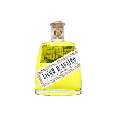 Garrafa de licor amarelo com rótulo branco e tampa de cortiça