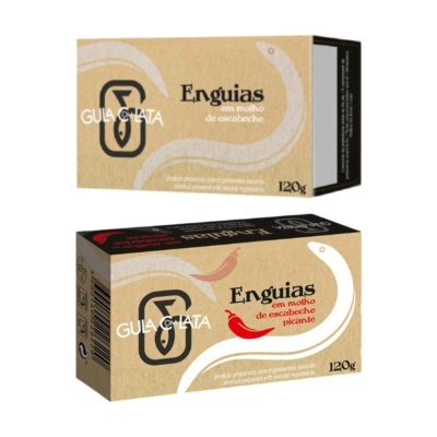 Caixas de conserva de enguias em molho de escabeche com embalagem bege e preta.