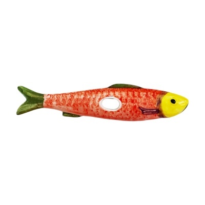 Peixe decorativo em cerâmica com corpo vermelho e cabeça amarela