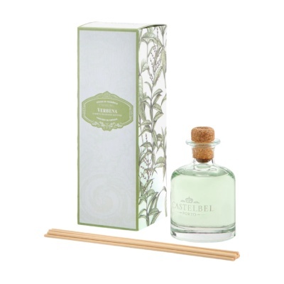Difusor de fragrância Verbena Castelbel com caixa branca e frasco de vidro com tampa de cortiça