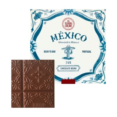 Embalagem de chocolate negro Feitoria do Cacao México e barra de chocolate com relevo ornamental
