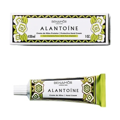 Creme de mãos Benamôr Alantoíne em embalagem e tubo metálico com design floral verde
