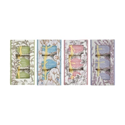 Conjunto de caixas com sabonetes artesanais VERBENA, FLOR DE ALGODÃO, JASMIM BRANCO e LAVANDA