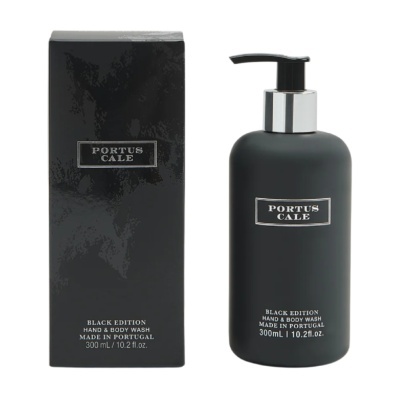 Frasco preto fosco hand & body wash e caixa preta da marca PORTUS CALE