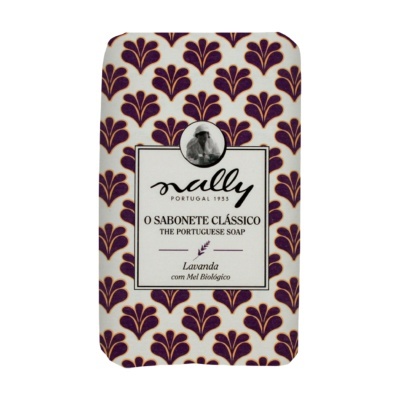 Embalagem de sabonete clássico Nally com padrão floral roxo.