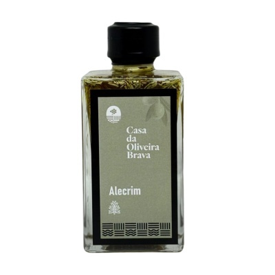 Frasco de vidro quadrado com azeite aromatizado e rótulo cinza