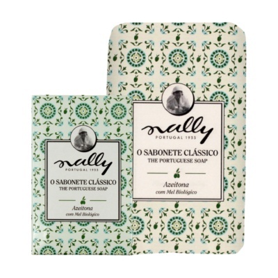Embalagens de sabonete Nally com padrão verde e azul e texto em português.