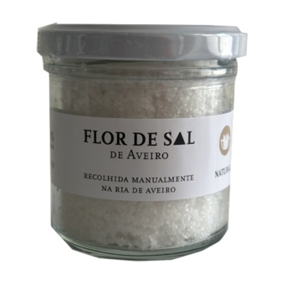 Frasco de flor de sal de Aveiro com rótulo