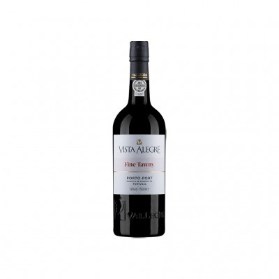 Garrafa de vinho do Porto Vista Alegre Fine Tawny com rótulo branco e texto em preto e vermelho