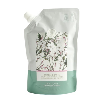 Recarga de gel para mãos e corpo JASMIM BRANCO embalagem flexível com ilustração floral