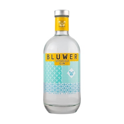 Garrafa de gin Bluwer Invisible com rótulo azul e amarelo