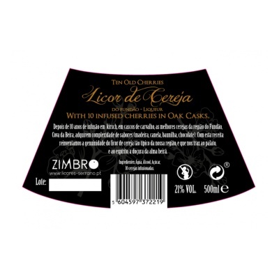 Rótulo preto para licor de cereja com texto dourado e branco e código de barras