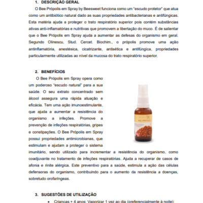 Ficha técnica de Bee Própolis em Spray com texto e imagem do frasco do produto