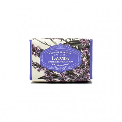 Sabonete aromático Castelbella Lavanda embalado com design floral lilás e roxo