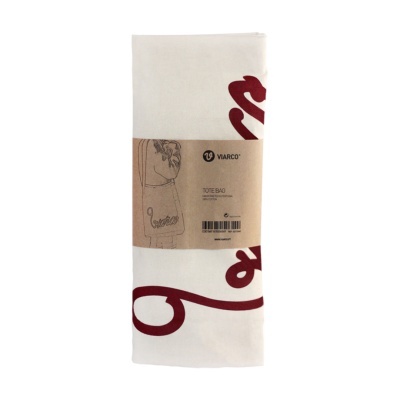 Saco Tote branco com padrão vermelho e etiqueta de papel castanho VIARCO