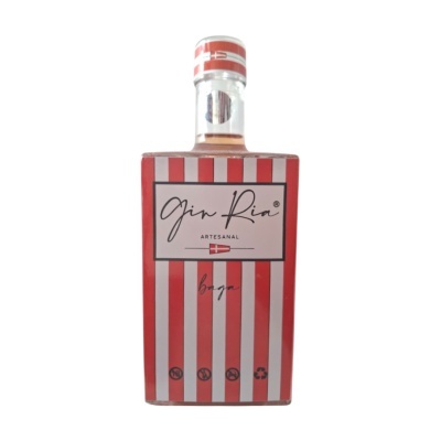 Garrafa de gin artesanal com rótulo vermelho e branco