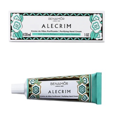 Creme de mãos Benamôr Alecrim com embalagem decorada floral verde e branco