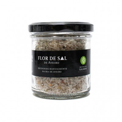 Frasco de flor de sal de Aveiro com rótulo preto