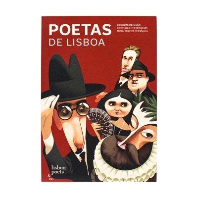 Capa de livro vermelho com ilustrações de poetas e texto em branco
