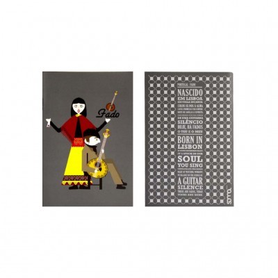 Postais ilustrados sobre o Fado com texto bilingue e design colorido.