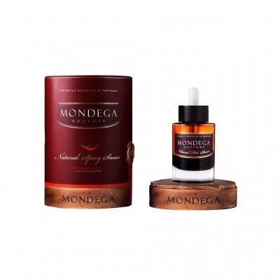 Conjunto de embalagem e frasco MONDEGA Natural Spicy Sauce em tons castanho e cobre