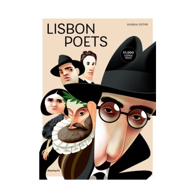 Capa de livro com ilustrações de poetas de Lisboa e texto em inglês.