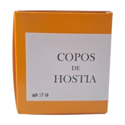 Caixa laranja com etiqueta branca e texto COPOS DE HOSTIA em preto