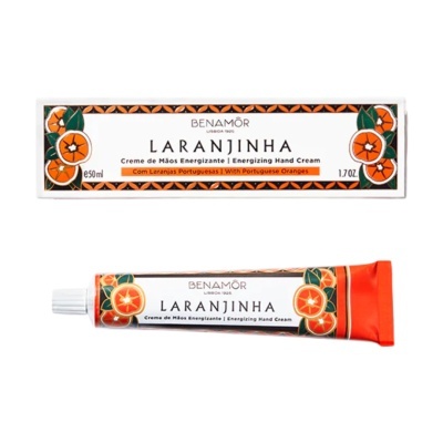 Creme de mãos energizante BENAMÔR LARANJINHA com embalagem branca e detalhes laranja e verde