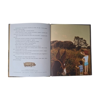 Página aberta de livro infantil com texto e ilustração de criança, mula e porco gigante