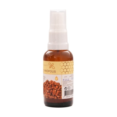Frasco de própolis com spray e rótulo amarelo
