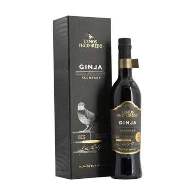 Garrafa de licor de ginja Lemos Figueiredo com caixa preta