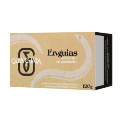 Embalagem de enguias em molho de escabeche com ilustração de enguia