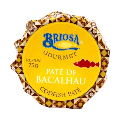 Paté de bacalhau Briosa Gourmet em embalagem redonda amarela e padrão geométrico