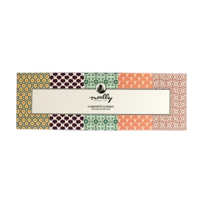 Caixa de sabonete colorida com padrões geométricos e etiqueta branca central
