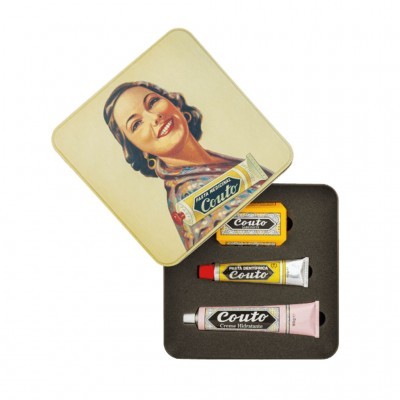 Conjunto vintage de produtos cosméticos Couto numa caixa metálica com ilustração de mulher.