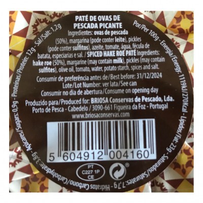 Etiqueta de lata de paté com texto de ingredientes, validade, código de barras e padrão geométrico colorido ao fundo.