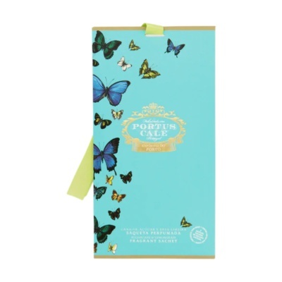 Saqueta perfumada azul com borboletas coloridas e texto dourado Portus Cale