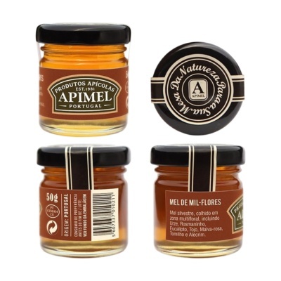 Frascos de mel Apimel 50g com etiqueta castanha e tampa preta