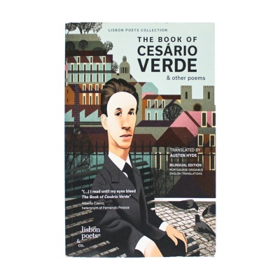 Capa de livro THE BOOK OF CESÁRIO VERDE com ilustração de homem sentado num banco e edifícios ao fundo