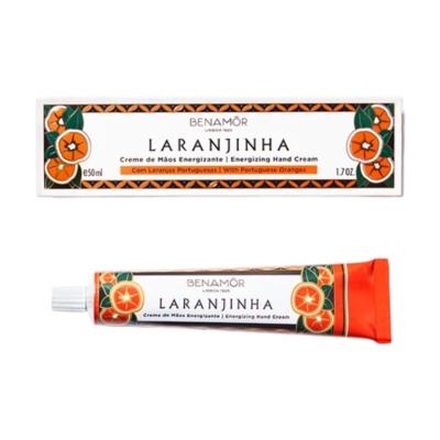 Creme de mãos Benamôr Laranjinha com caixa e tubo com desenhos de laranjas e folhas