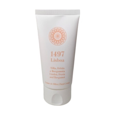 Tubo branco de creme de mãos 1497 Lisboa com texto laranja