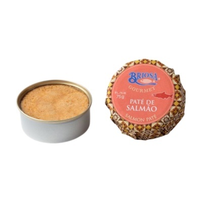 Lata de paté de salmão Briosa Gourmet com embalagem decorada e etiqueta cor de coral