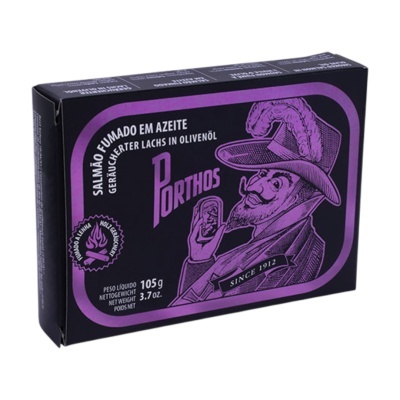 Embalagem de salmão fumado em azeite da marca Porthos
