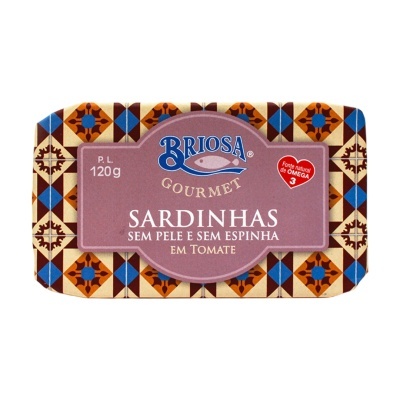 Lata de sardinhas Briosa Gourmet com design colorido e texto