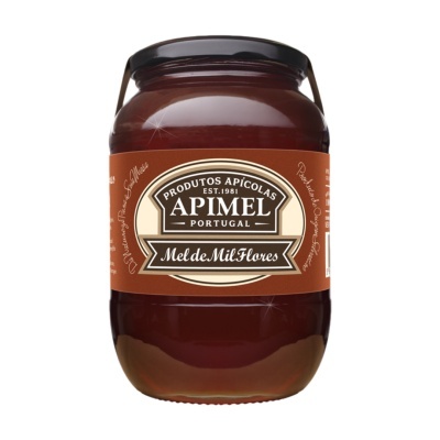 Frasco de mel de mil flores da marca Apimel em vidro com rótulo castanho e bege