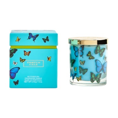 Vela perfumada azul decorada com borboletas e caixa azul correspondente