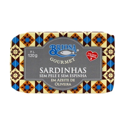 Lata de sardinhas BRIOSA GOURMET com padrão colorido e texto informativo